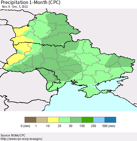 Ukraine, Moldova and Belarus Precipitation 1-Month (CPC) Thematic Map For 11/6/2022 - 12/5/2022