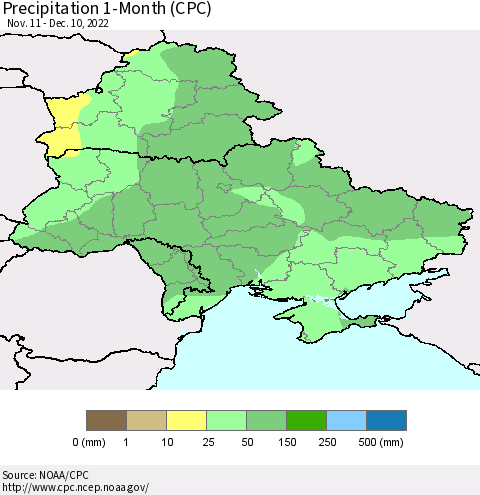 Ukraine, Moldova and Belarus Precipitation 1-Month (CPC) Thematic Map For 11/11/2022 - 12/10/2022