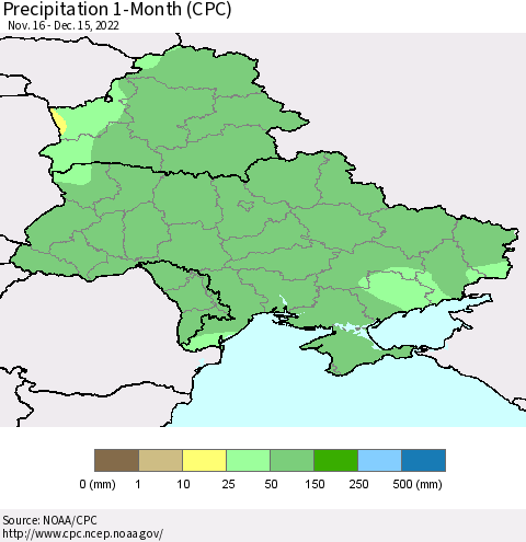 Ukraine, Moldova and Belarus Precipitation 1-Month (CPC) Thematic Map For 11/16/2022 - 12/15/2022