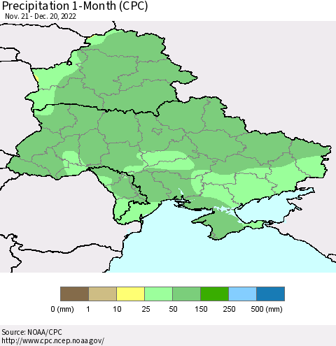 Ukraine, Moldova and Belarus Precipitation 1-Month (CPC) Thematic Map For 11/21/2022 - 12/20/2022