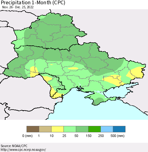 Ukraine, Moldova and Belarus Precipitation 1-Month (CPC) Thematic Map For 11/26/2022 - 12/25/2022