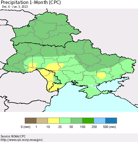 Ukraine, Moldova and Belarus Precipitation 1-Month (CPC) Thematic Map For 12/6/2022 - 1/5/2023