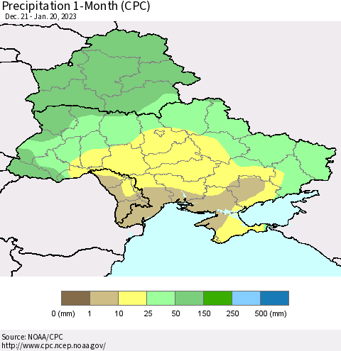 Ukraine, Moldova and Belarus Precipitation 1-Month (CPC) Thematic Map For 12/21/2022 - 1/20/2023