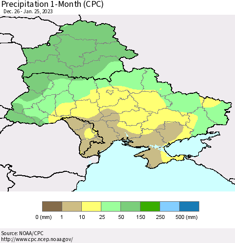 Ukraine, Moldova and Belarus Precipitation 1-Month (CPC) Thematic Map For 12/26/2022 - 1/25/2023