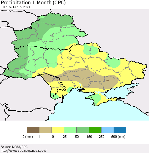 Ukraine, Moldova and Belarus Precipitation 1-Month (CPC) Thematic Map For 1/6/2023 - 2/5/2023