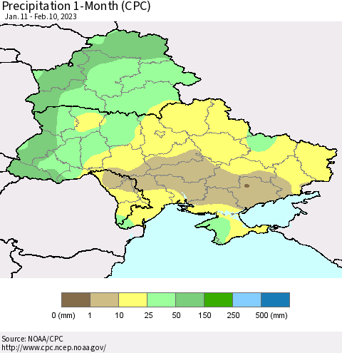 Ukraine, Moldova and Belarus Precipitation 1-Month (CPC) Thematic Map For 1/11/2023 - 2/10/2023