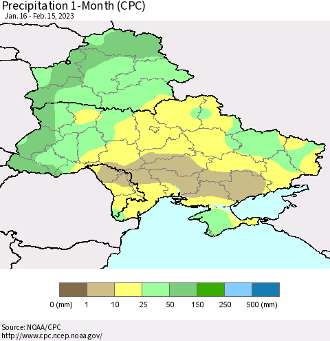 Ukraine, Moldova and Belarus Precipitation 1-Month (CPC) Thematic Map For 1/16/2023 - 2/15/2023