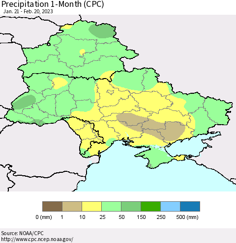 Ukraine, Moldova and Belarus Precipitation 1-Month (CPC) Thematic Map For 1/21/2023 - 2/20/2023