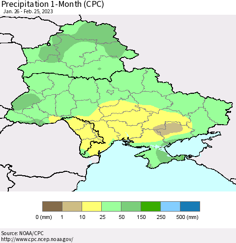 Ukraine, Moldova and Belarus Precipitation 1-Month (CPC) Thematic Map For 1/26/2023 - 2/25/2023