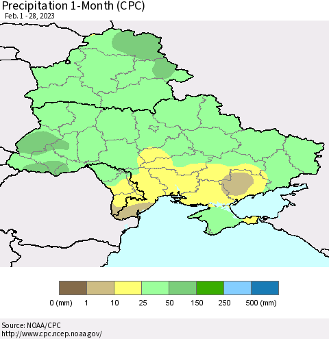 Ukraine, Moldova and Belarus Precipitation 1-Month (CPC) Thematic Map For 2/1/2023 - 2/28/2023