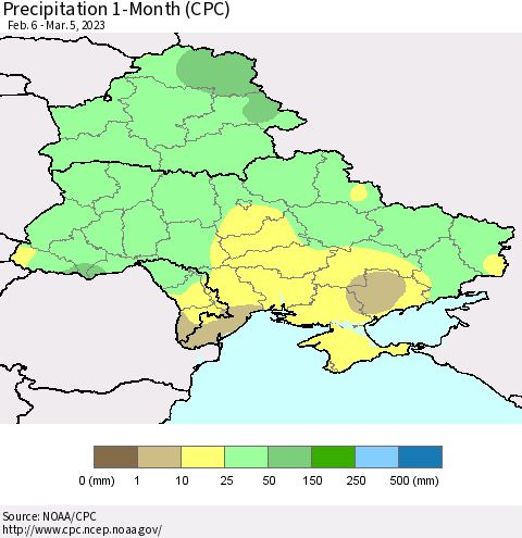 Ukraine, Moldova and Belarus Precipitation 1-Month (CPC) Thematic Map For 2/6/2023 - 3/5/2023