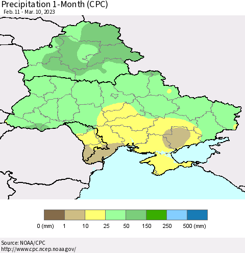 Ukraine, Moldova and Belarus Precipitation 1-Month (CPC) Thematic Map For 2/11/2023 - 3/10/2023