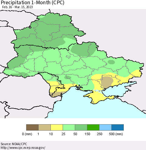 Ukraine, Moldova and Belarus Precipitation 1-Month (CPC) Thematic Map For 2/16/2023 - 3/15/2023