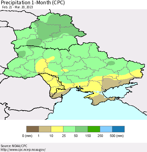 Ukraine, Moldova and Belarus Precipitation 1-Month (CPC) Thematic Map For 2/21/2023 - 3/20/2023