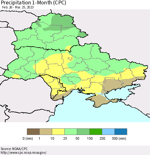 Ukraine, Moldova and Belarus Precipitation 1-Month (CPC) Thematic Map For 2/26/2023 - 3/25/2023