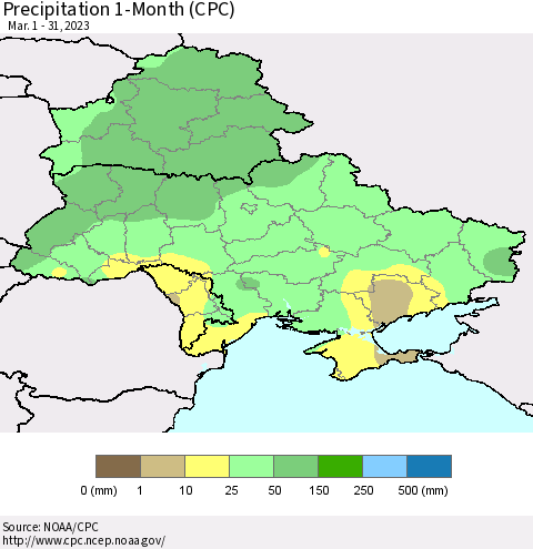 Ukraine, Moldova and Belarus Precipitation 1-Month (CPC) Thematic Map For 3/1/2023 - 3/31/2023