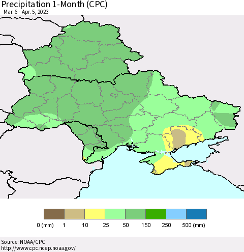 Ukraine, Moldova and Belarus Precipitation 1-Month (CPC) Thematic Map For 3/6/2023 - 4/5/2023