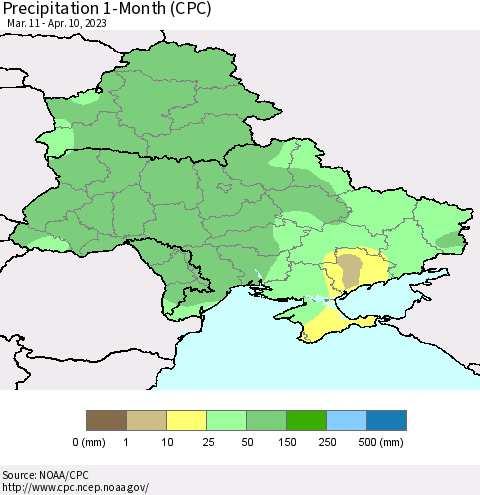 Ukraine, Moldova and Belarus Precipitation 1-Month (CPC) Thematic Map For 3/11/2023 - 4/10/2023