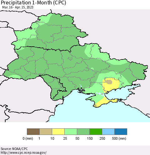Ukraine, Moldova and Belarus Precipitation 1-Month (CPC) Thematic Map For 3/16/2023 - 4/15/2023