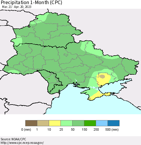 Ukraine, Moldova and Belarus Precipitation 1-Month (CPC) Thematic Map For 3/21/2023 - 4/20/2023