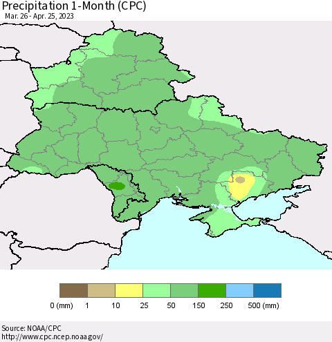 Ukraine, Moldova and Belarus Precipitation 1-Month (CPC) Thematic Map For 3/26/2023 - 4/25/2023