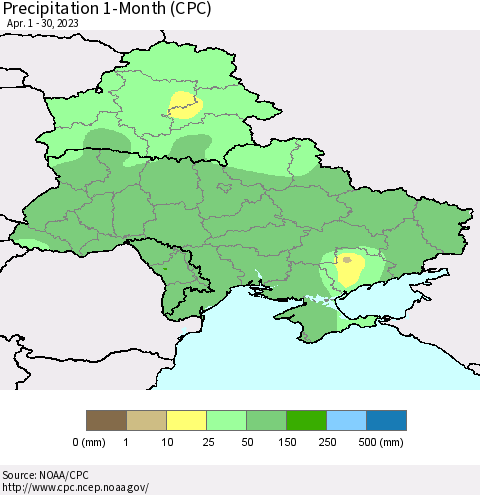 Ukraine, Moldova and Belarus Precipitation 1-Month (CPC) Thematic Map For 4/1/2023 - 4/30/2023