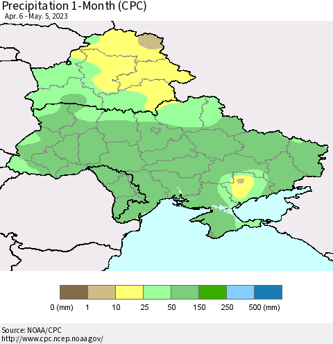 Ukraine, Moldova and Belarus Precipitation 1-Month (CPC) Thematic Map For 4/6/2023 - 5/5/2023