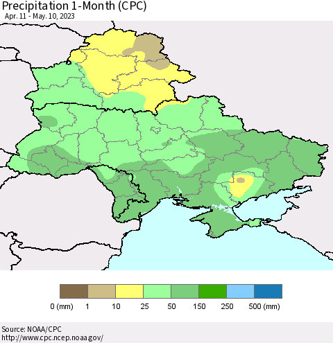 Ukraine, Moldova and Belarus Precipitation 1-Month (CPC) Thematic Map For 4/11/2023 - 5/10/2023
