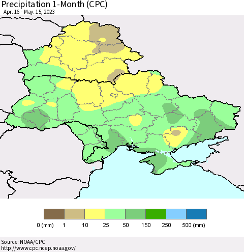 Ukraine, Moldova and Belarus Precipitation 1-Month (CPC) Thematic Map For 4/16/2023 - 5/15/2023