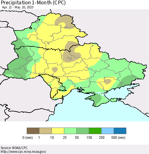 Ukraine, Moldova and Belarus Precipitation 1-Month (CPC) Thematic Map For 4/21/2023 - 5/20/2023