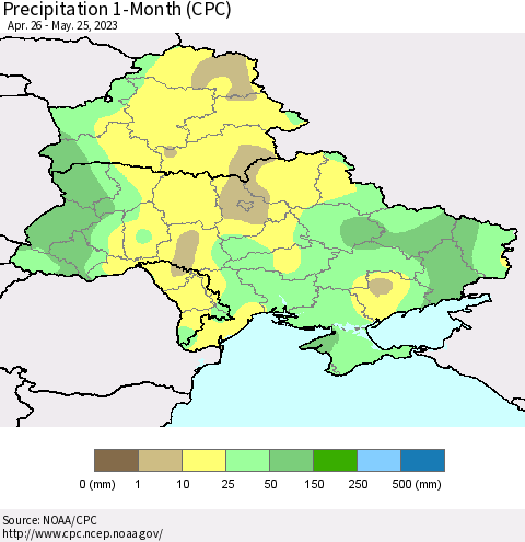 Ukraine, Moldova and Belarus Precipitation 1-Month (CPC) Thematic Map For 4/26/2023 - 5/25/2023