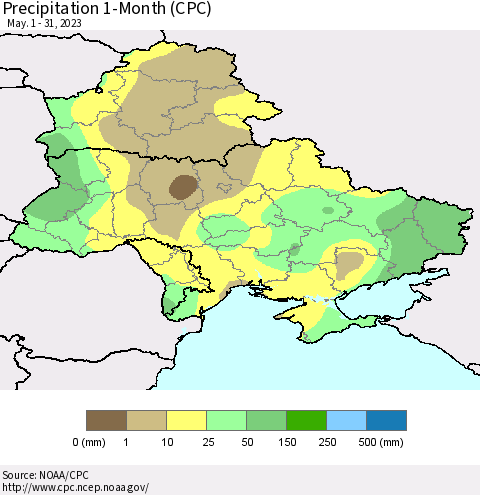 Ukraine, Moldova and Belarus Precipitation 1-Month (CPC) Thematic Map For 5/1/2023 - 5/31/2023