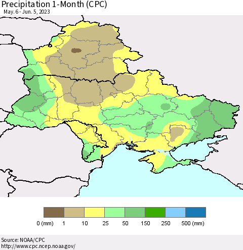 Ukraine, Moldova and Belarus Precipitation 1-Month (CPC) Thematic Map For 5/6/2023 - 6/5/2023