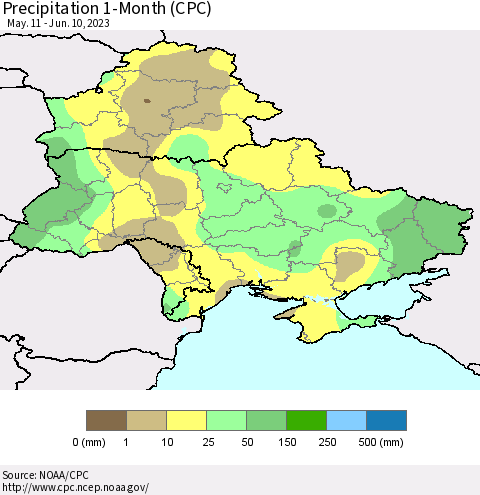 Ukraine, Moldova and Belarus Precipitation 1-Month (CPC) Thematic Map For 5/11/2023 - 6/10/2023