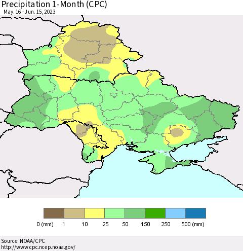Ukraine, Moldova and Belarus Precipitation 1-Month (CPC) Thematic Map For 5/16/2023 - 6/15/2023