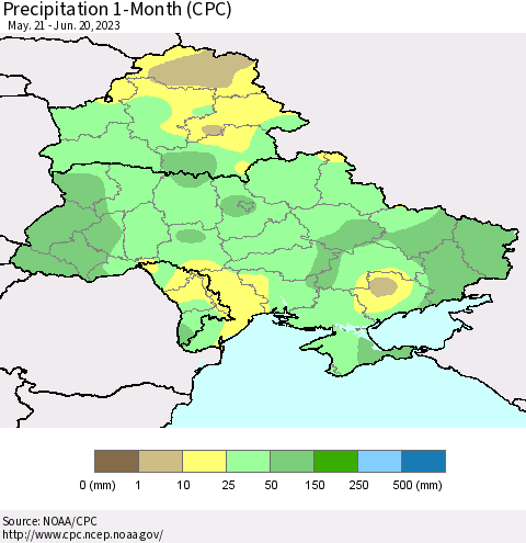 Ukraine, Moldova and Belarus Precipitation 1-Month (CPC) Thematic Map For 5/21/2023 - 6/20/2023