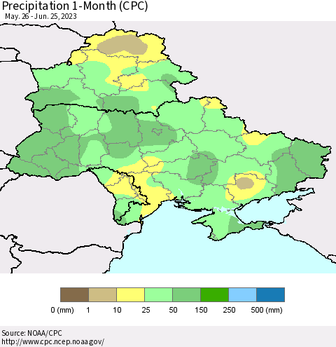 Ukraine, Moldova and Belarus Precipitation 1-Month (CPC) Thematic Map For 5/26/2023 - 6/25/2023