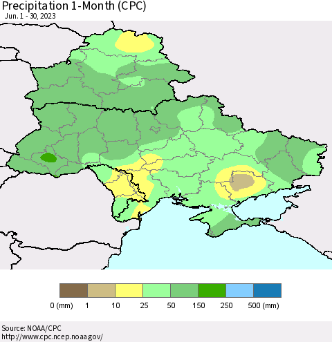 Ukraine, Moldova and Belarus Precipitation 1-Month (CPC) Thematic Map For 6/1/2023 - 6/30/2023