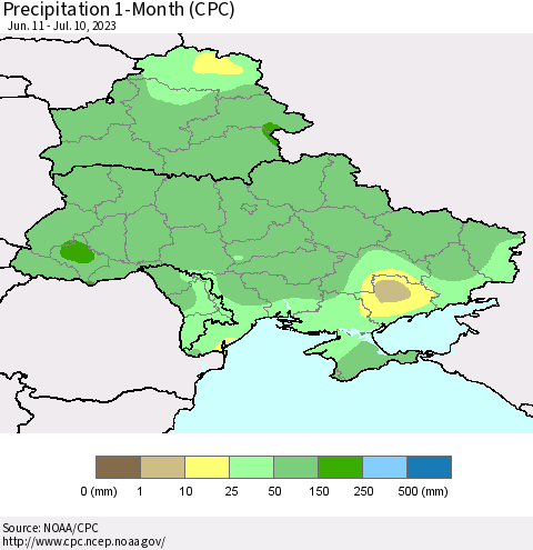 Ukraine, Moldova and Belarus Precipitation 1-Month (CPC) Thematic Map For 6/11/2023 - 7/10/2023