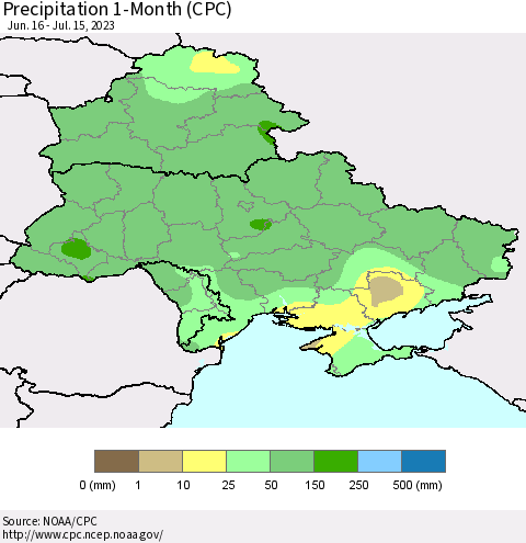 Ukraine, Moldova and Belarus Precipitation 1-Month (CPC) Thematic Map For 6/16/2023 - 7/15/2023