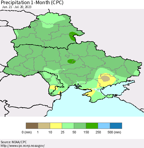 Ukraine, Moldova and Belarus Precipitation 1-Month (CPC) Thematic Map For 6/21/2023 - 7/20/2023