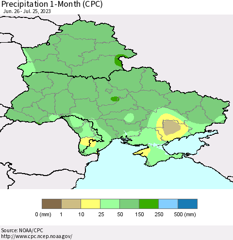 Ukraine, Moldova and Belarus Precipitation 1-Month (CPC) Thematic Map For 6/26/2023 - 7/25/2023