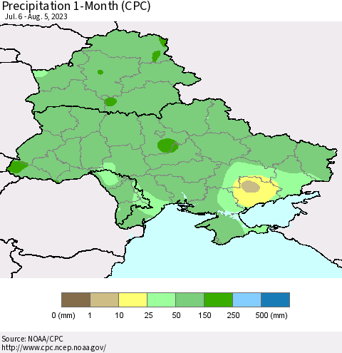 Ukraine, Moldova and Belarus Precipitation 1-Month (CPC) Thematic Map For 7/6/2023 - 8/5/2023