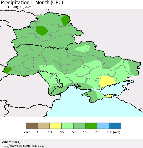 Ukraine, Moldova and Belarus Precipitation 1-Month (CPC) Thematic Map For 7/11/2023 - 8/10/2023
