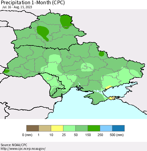 Ukraine, Moldova and Belarus Precipitation 1-Month (CPC) Thematic Map For 7/16/2023 - 8/15/2023