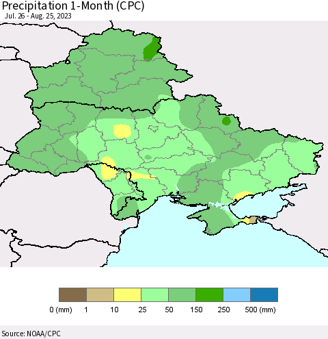 Ukraine, Moldova and Belarus Precipitation 1-Month (CPC) Thematic Map For 7/26/2023 - 8/25/2023