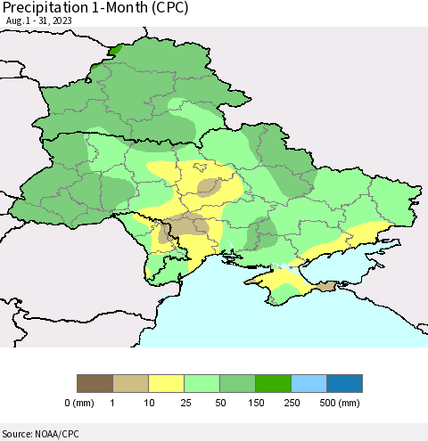 Ukraine, Moldova and Belarus Precipitation 1-Month (CPC) Thematic Map For 8/1/2023 - 8/31/2023