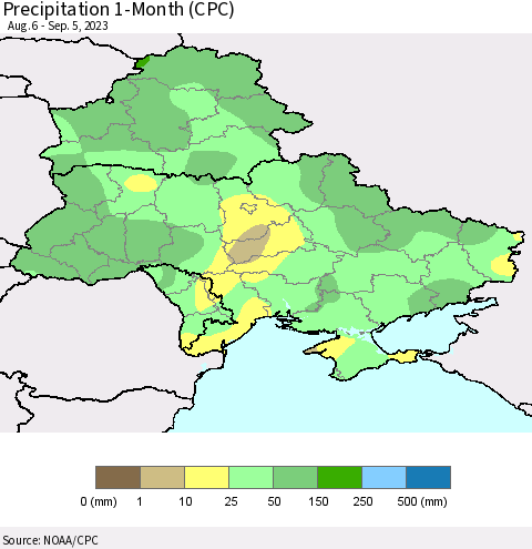 Ukraine, Moldova and Belarus Precipitation 1-Month (CPC) Thematic Map For 8/6/2023 - 9/5/2023