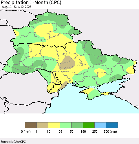 Ukraine, Moldova and Belarus Precipitation 1-Month (CPC) Thematic Map For 8/11/2023 - 9/10/2023