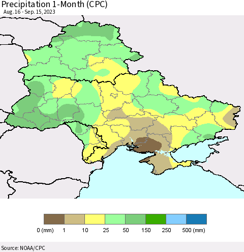Ukraine, Moldova and Belarus Precipitation 1-Month (CPC) Thematic Map For 8/16/2023 - 9/15/2023